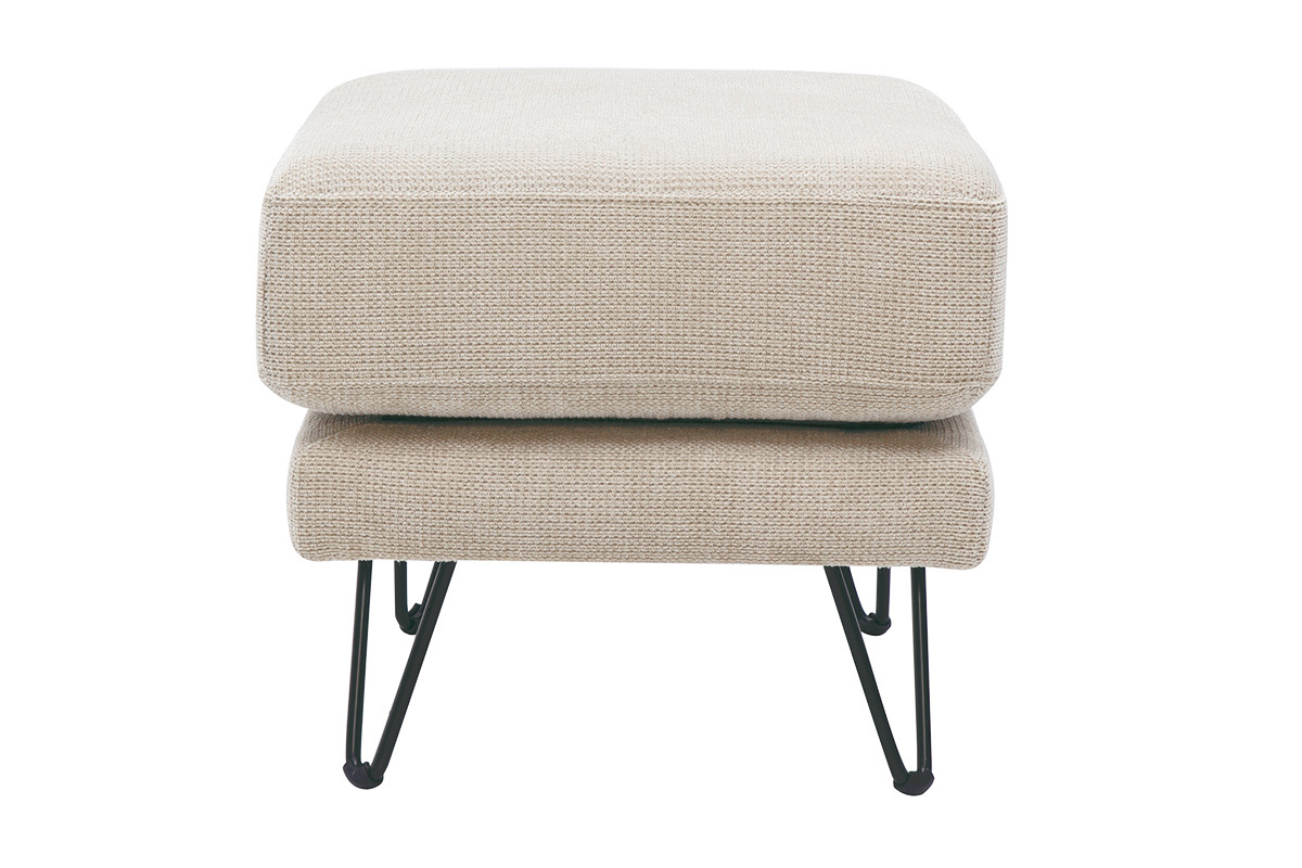Pouf repose-pieds en tissu chenille beige avec pieds en m�tal, vue de profil.