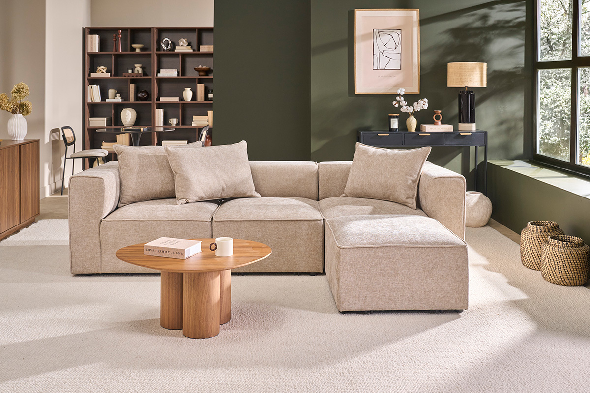 Pouf repose pieds en tissu effet velours textur� beige KERRY