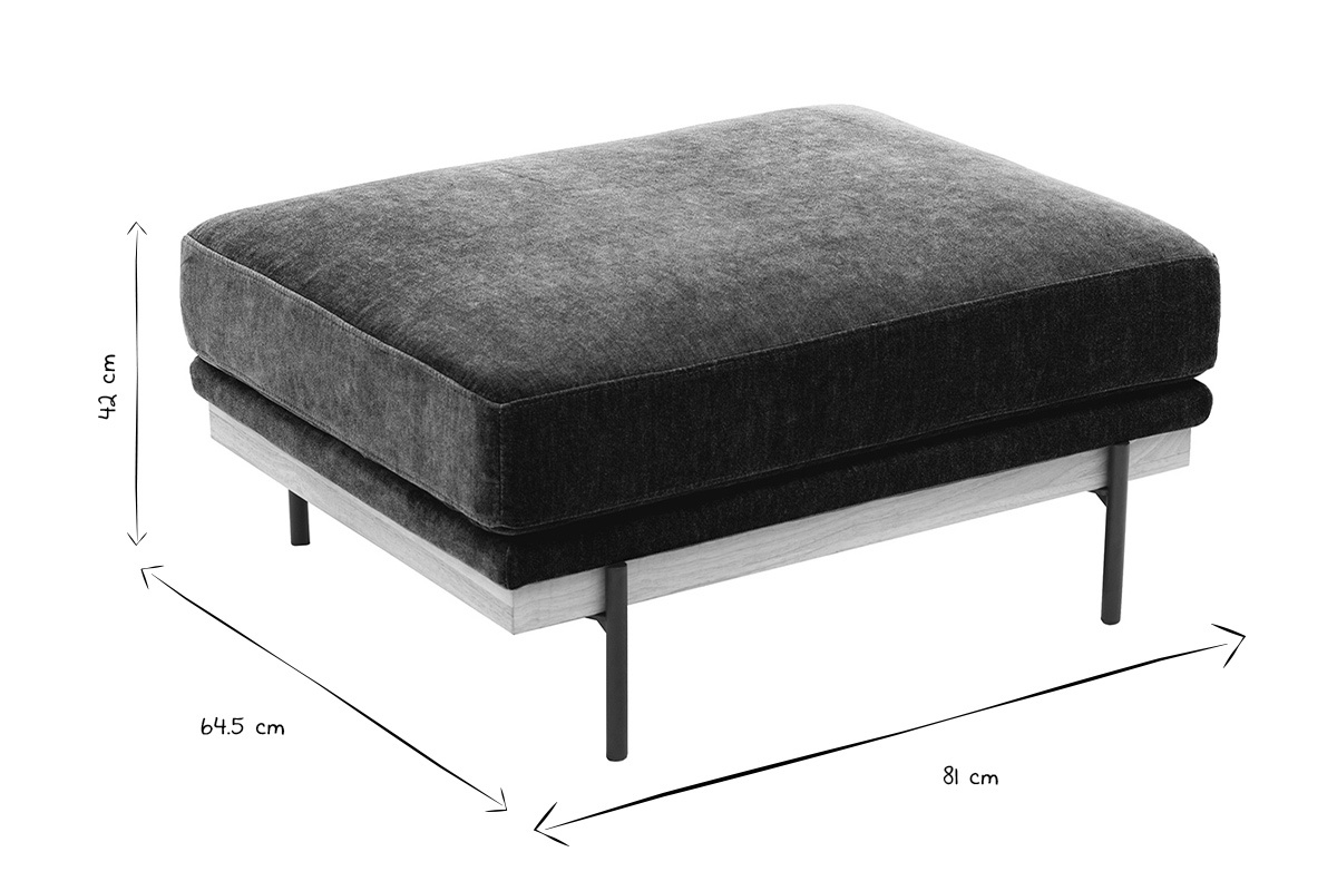 Dimensions du pouf repose-pieds TODD : L81 x P64.5 x H42 cm, en noir et blanc.