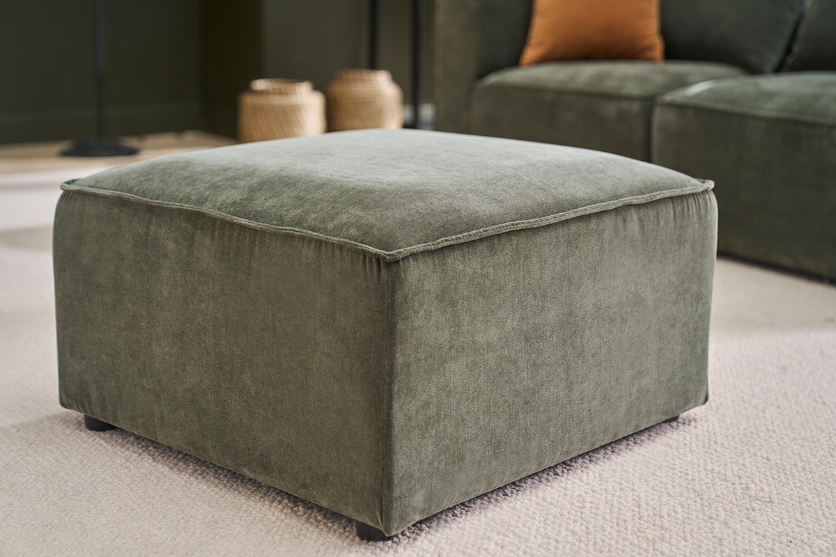 Pouf repose pieds en tissu effet velours vert kaki KERRY