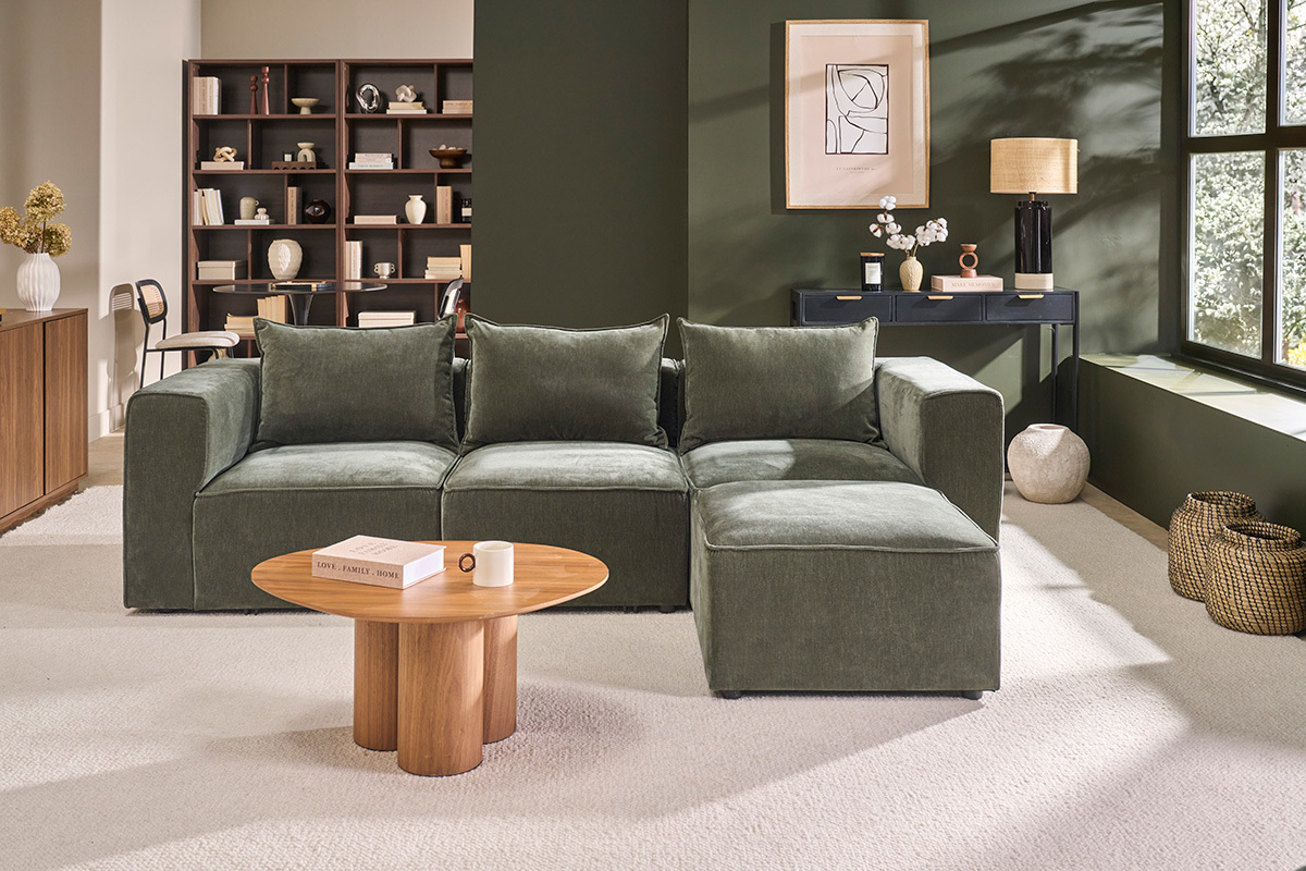 Pouf repose pieds en tissu effet velours vert kaki KERRY