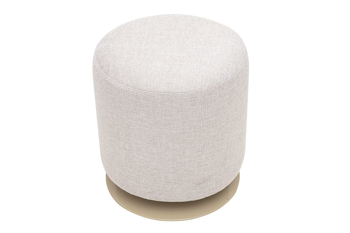 Pouf rond pivotant en tissu velours beige avec pied en m�tal, vue de dessus, D39.5 cm