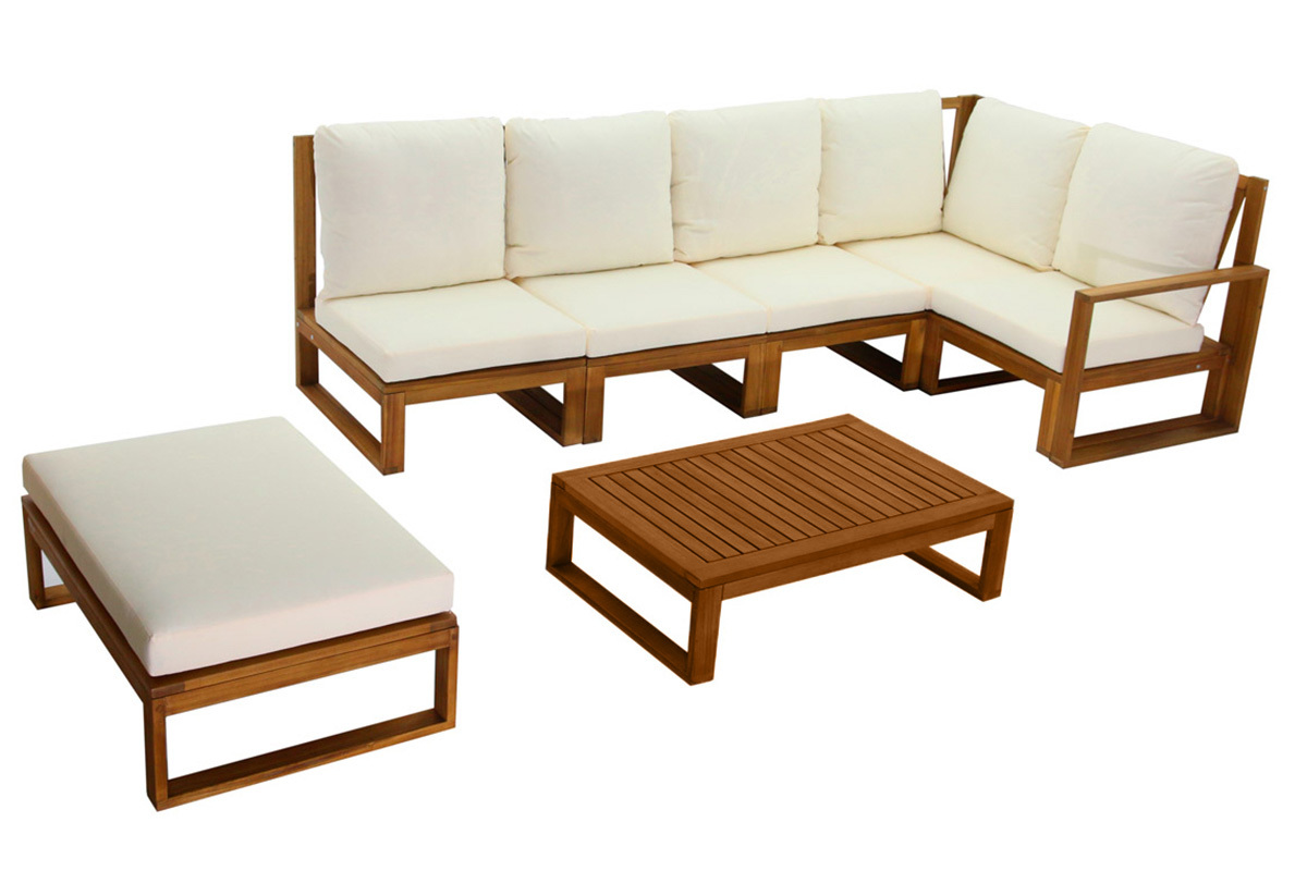 Salon de jardin d'angle 6-8 places en bois massif avec coussins d�houssables beige naturel SALSA