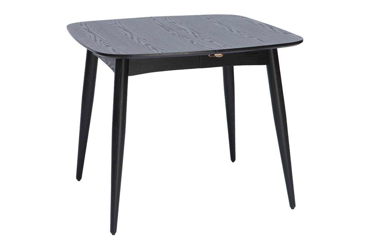 Table � manger extensible carr�e en bois noir, vue 3/4, style scandinave.