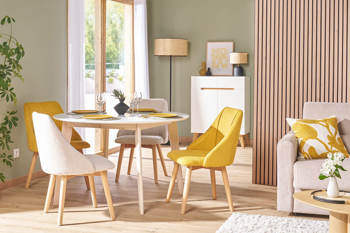 Table � manger scandinave ronde extensible blanc et bois L120-150 cm LEENA