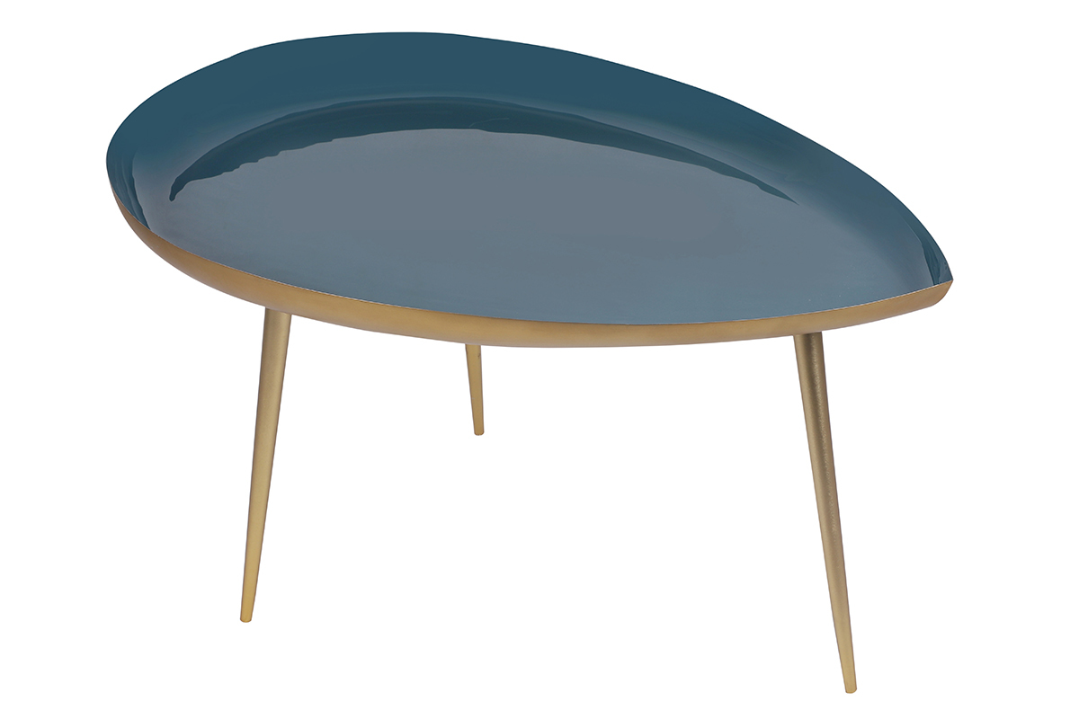 Table basse design en acier laqu� bleu canard et dor� L80 cm DROP