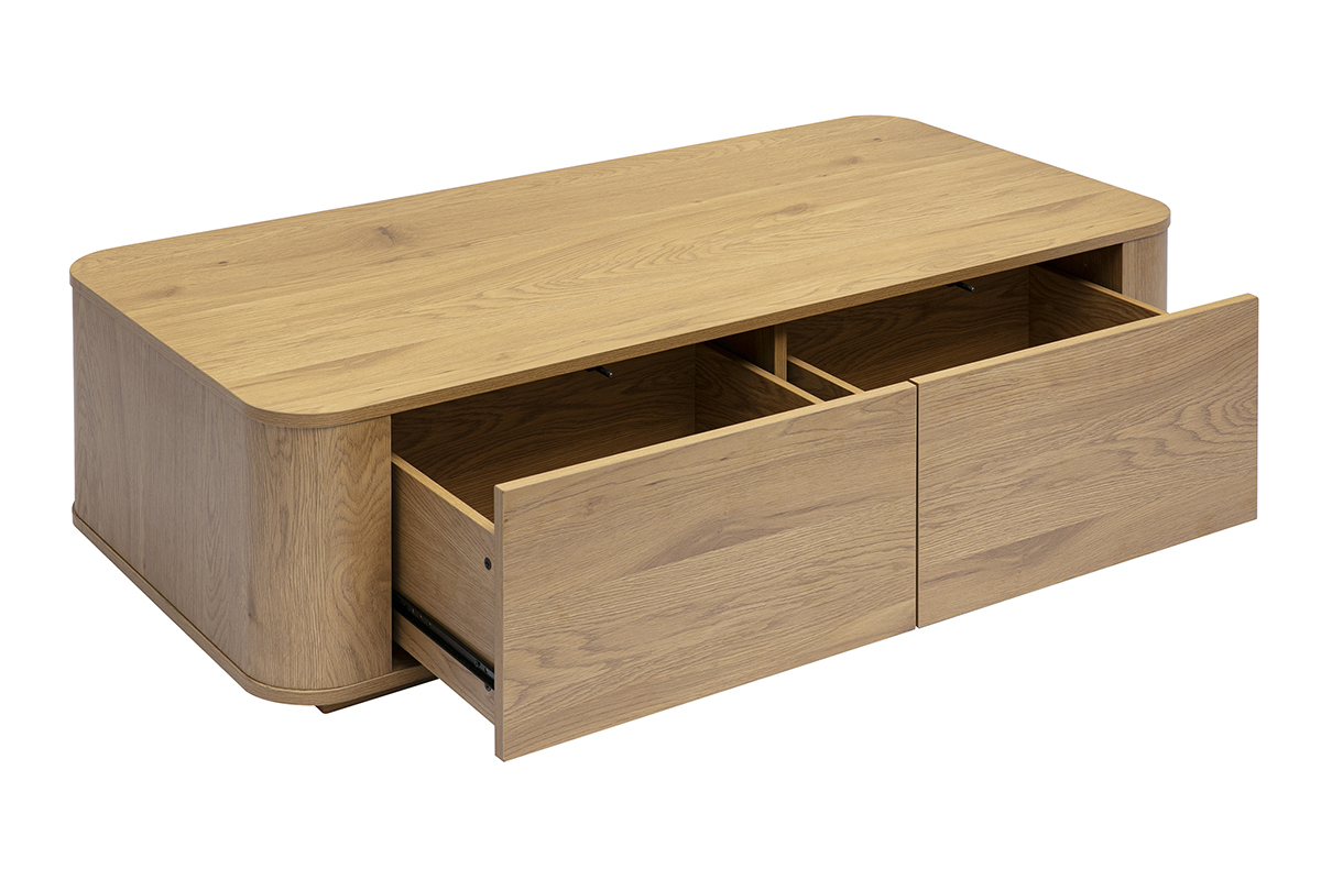 Table basse rectangulaire bois clair ch�ne avec 2 tiroirs ouverts, vue de 3/4