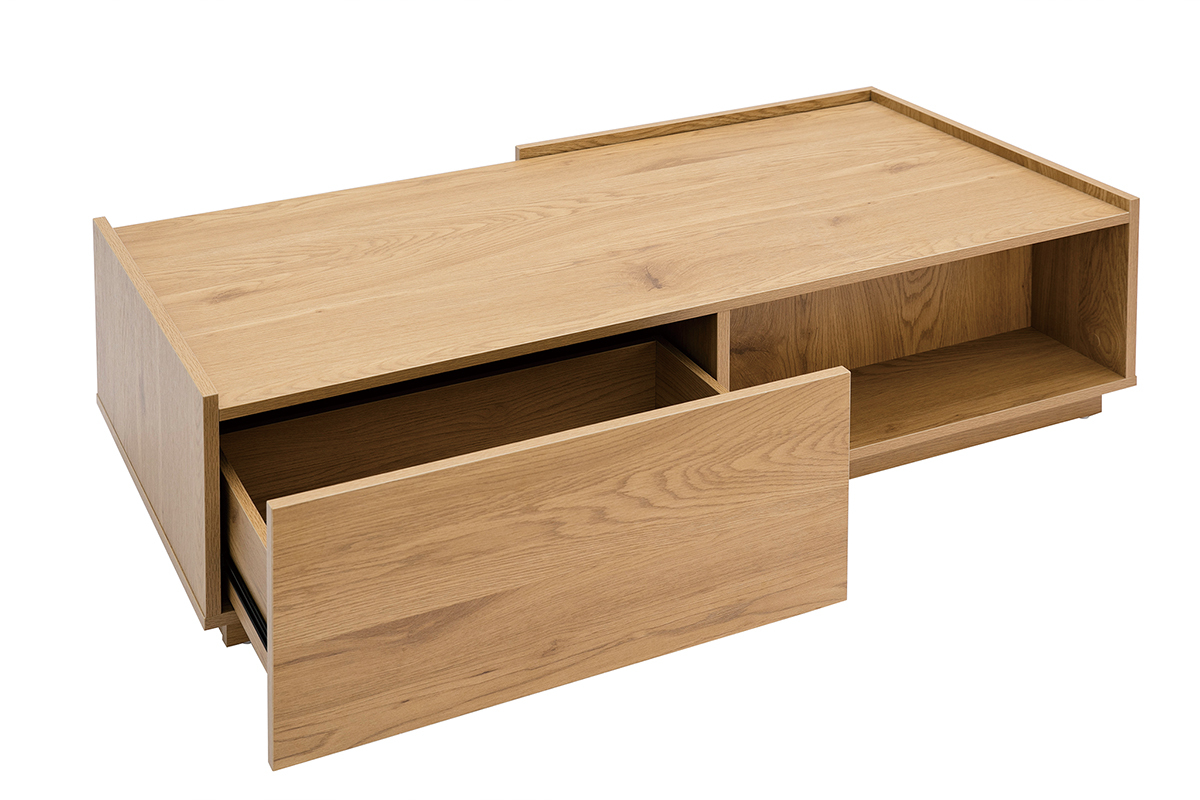 Table basse rectangulaire avec rangements 2 tiroirs finition bois clair ch�ne L120 cm MADERO