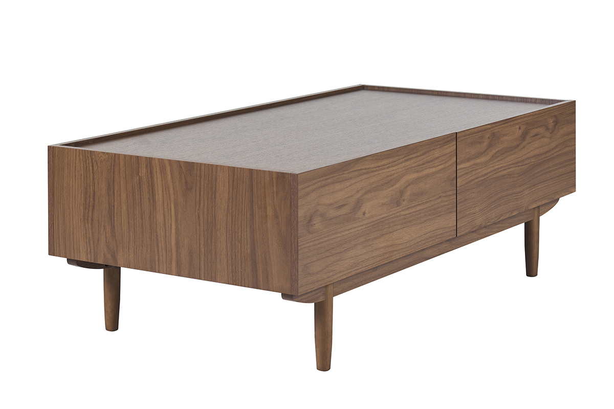 Table basse rectangulaire bois fonc� noyer, 2 tiroirs, pieds arrondis, vue de 3/4.