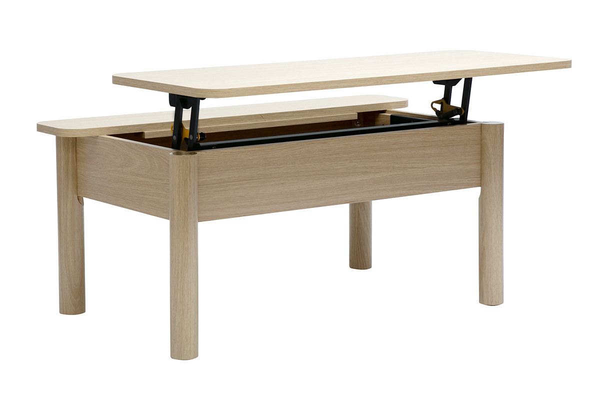 Table basse relevable bois ch�ne L100 cm BOLSO avec finition moderne, m�canisme ajustable et espace de rangement.