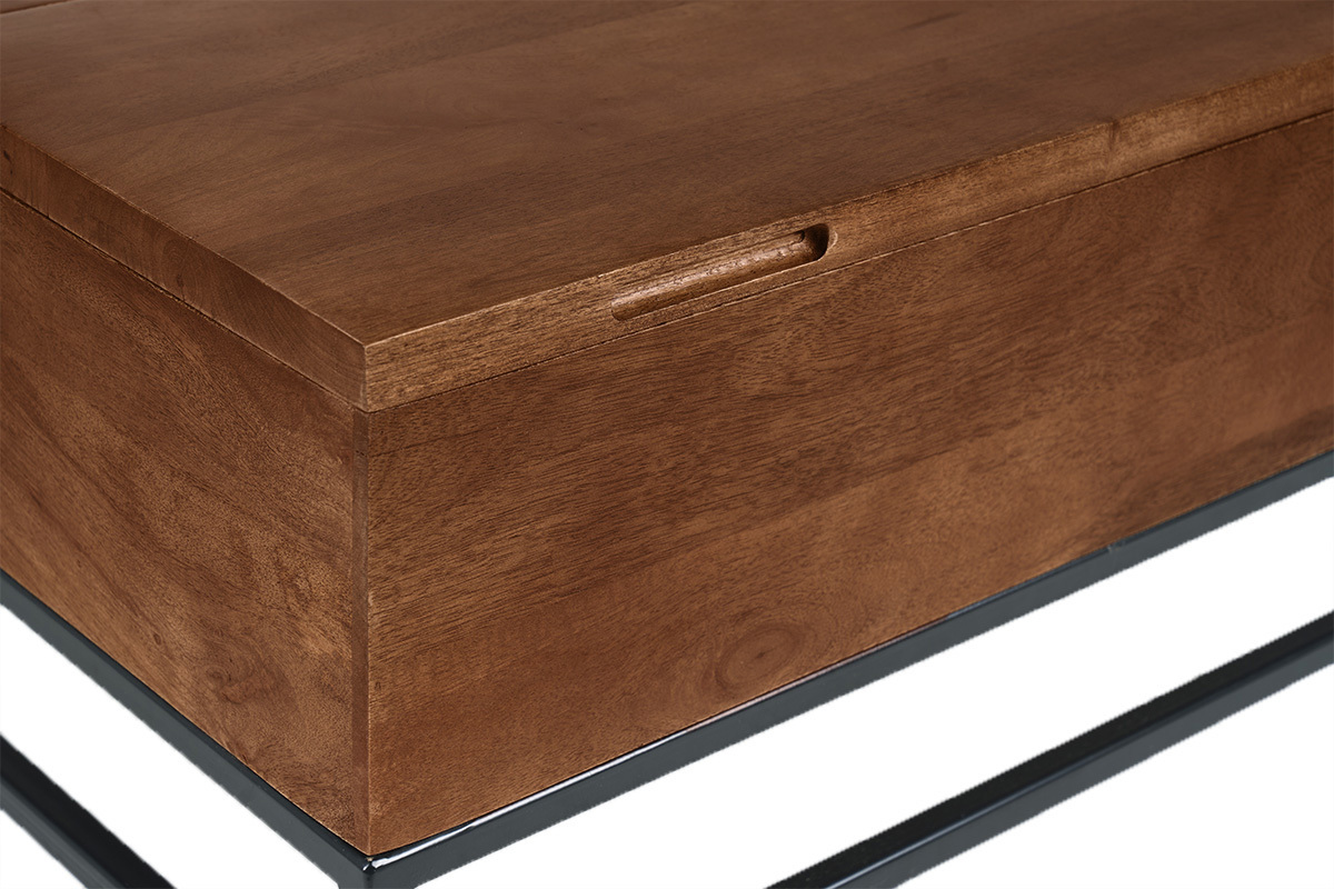 Table basse relevable industrielle bois manguier massif teint� et m�tal noir L90 cm YPSTER