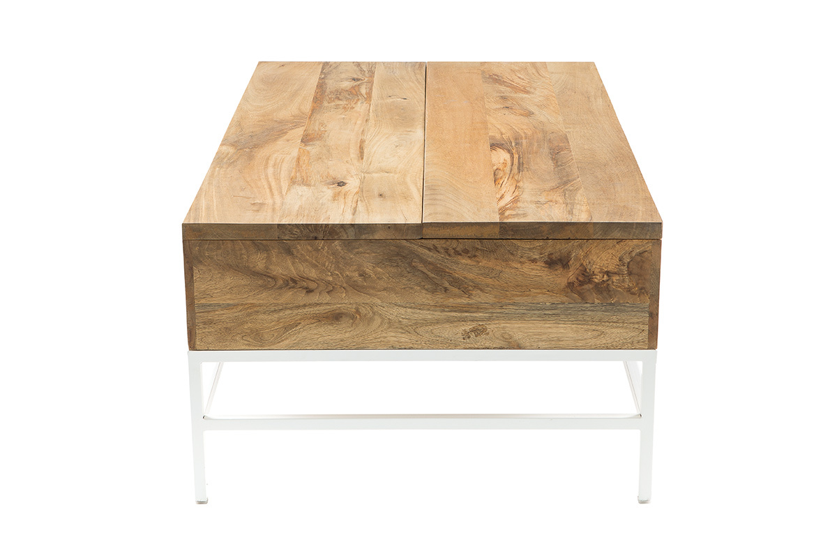 Table basse relevable rectangulaire en manguier massif et m�tal blanc, vue de profil.