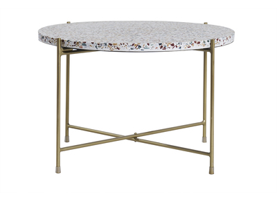 Table basse ronde design en terrazzo et m&eacute;tal dor&eacute; D55 cm MEZZO