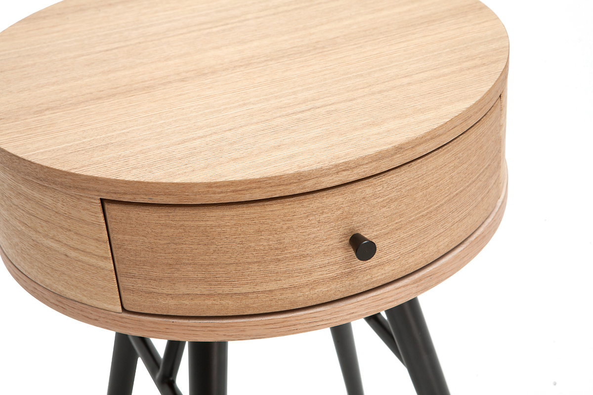 Table de chevet ronde avec tiroir bois clair et m�tal noir KORAL