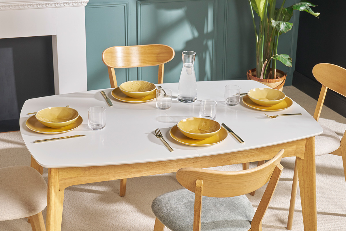 Table extensible rallonges int�gr�es rectangulaire blanc et bois L140-180 cm MEENA