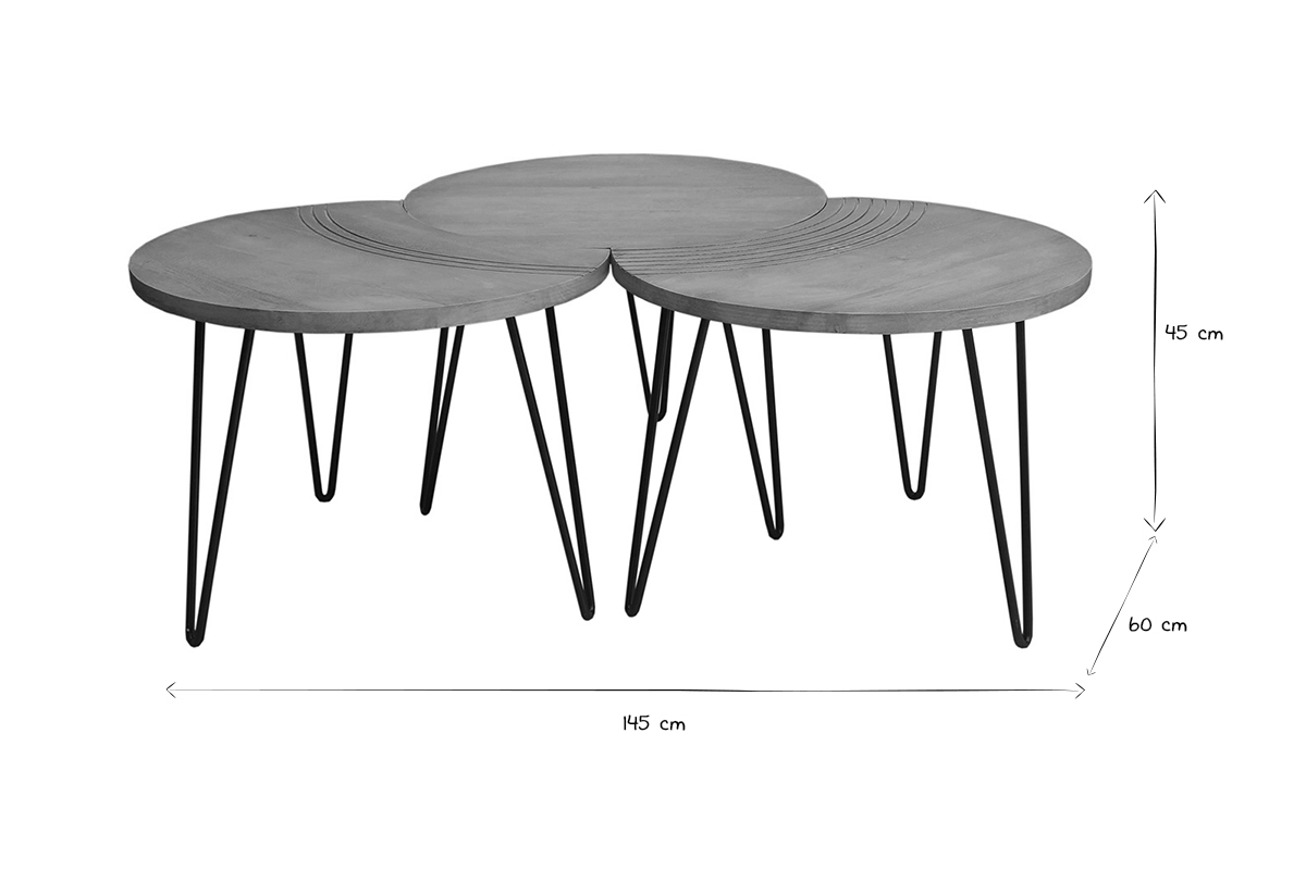 Tables basses gigognes grav�es bois manguier massif et m�tal noir (lot de 3) VIBES