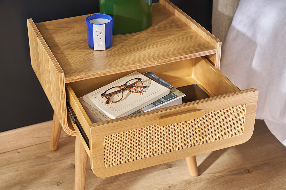 Tables de chevet avec tiroir en bois clair fr�ne et cannage rotin (lot de 2) ATH�NE