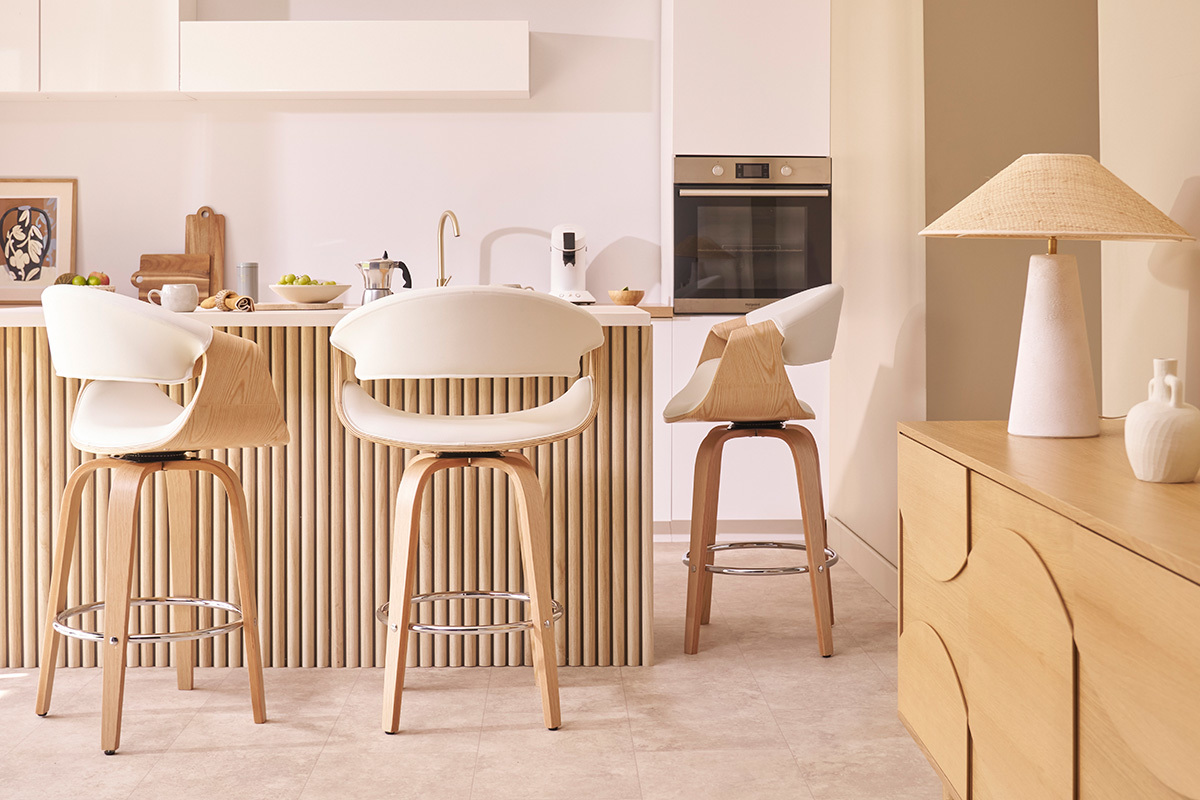 Tabouret de bar design blanc et bois clair H68 cm ARAMIS