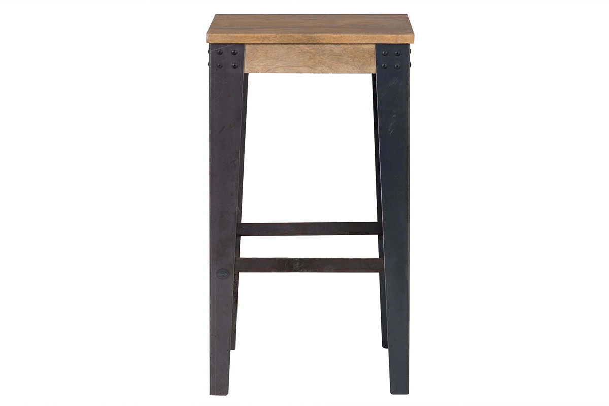 Tabouret de bar industriel m�tal et bois manguier massif H65 cm MADISON