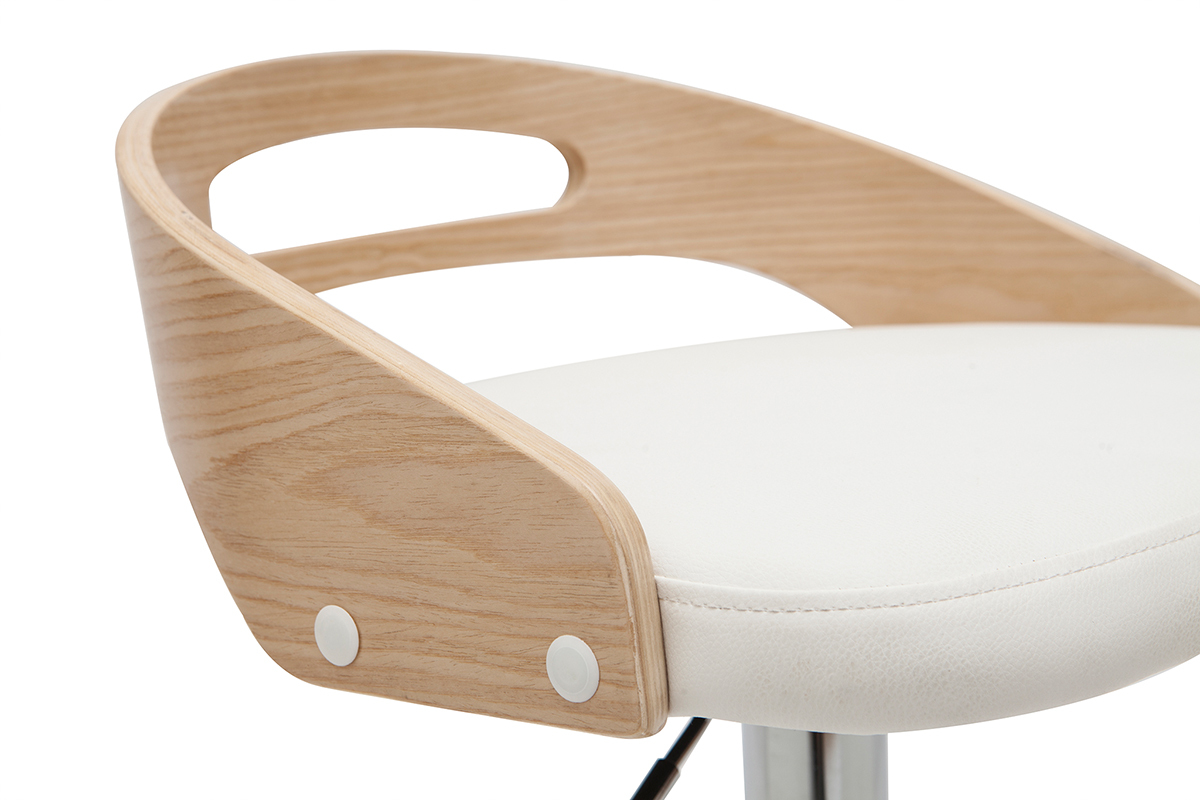 Tabouret de bar r�glable design blanc et bois clair MANO