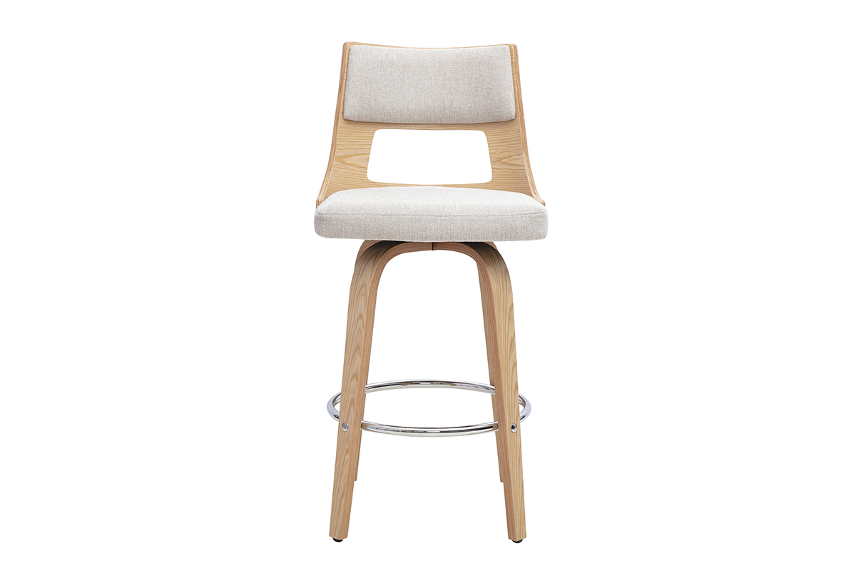 Tabouret de bar scandinave pivotant en tissu beige et bois clair, vue de face.