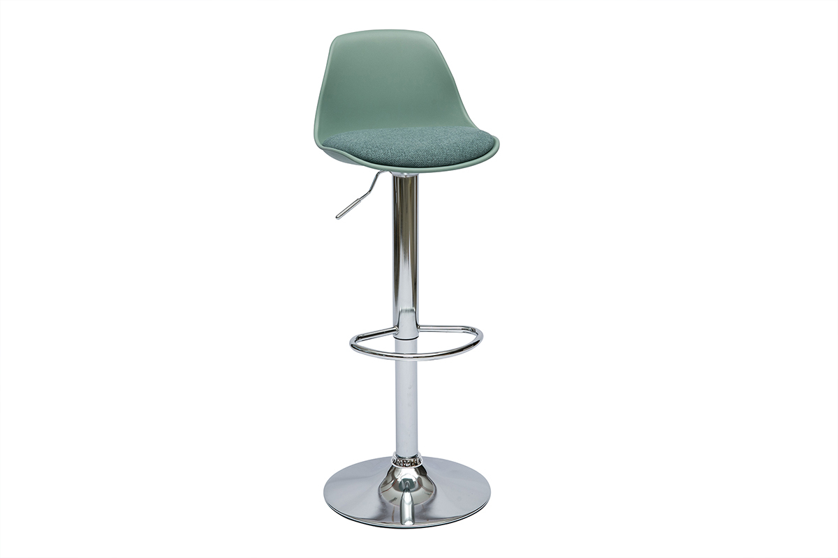 Tabouret de bar vert de gris avec assise tissu et pied chrom�.