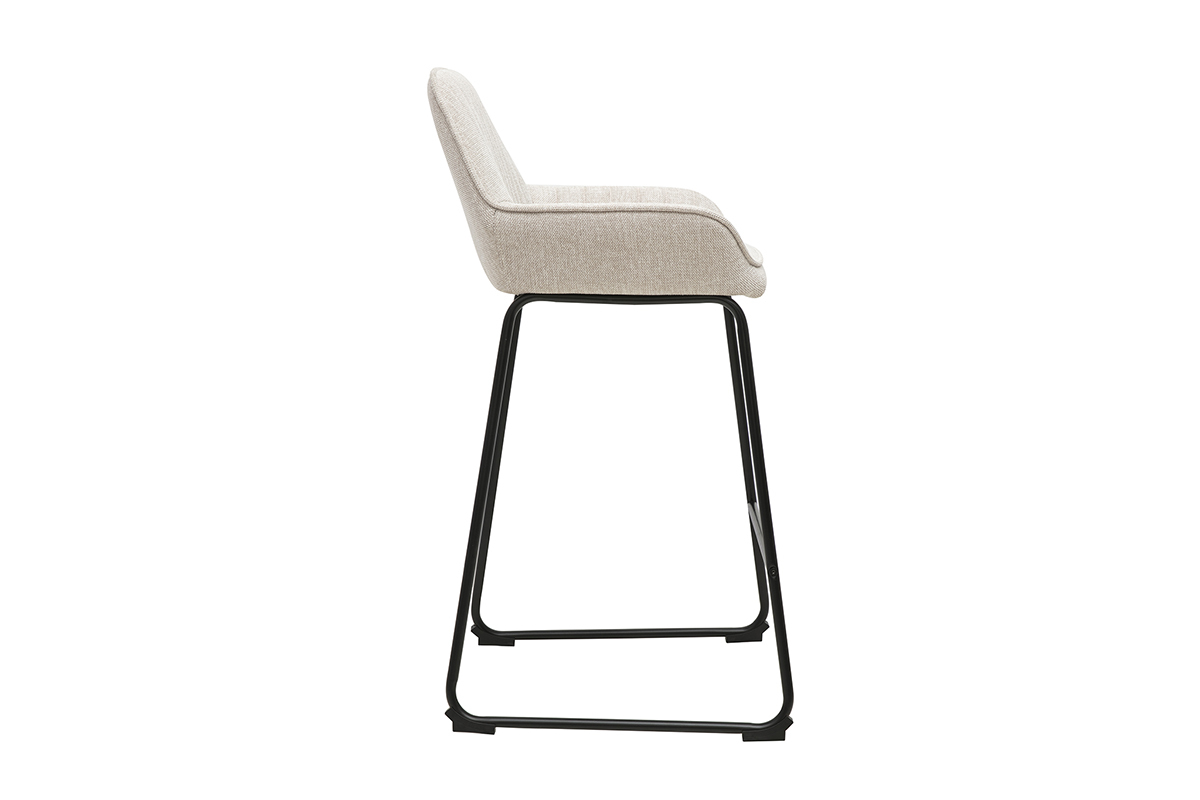 Tabouret de bar en tissu effet velours beige et m�tal noir, vue de profil, hauteur 68 cm.