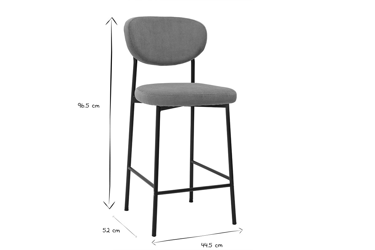 Dimensions des tabourets de bar BREKA en noir et blanc, H96,5 cm, P52 cm, L44,5 cm.