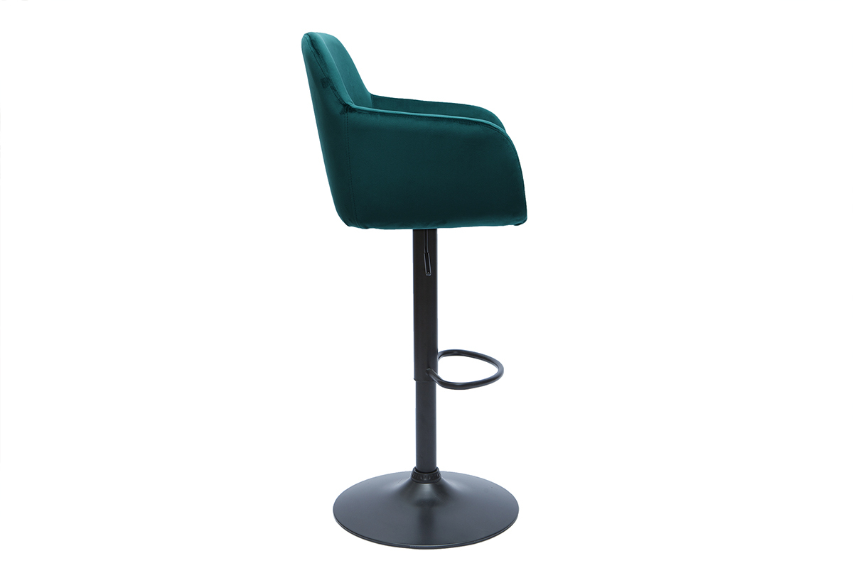 Tabouret de bar en velours bleu p�trole, vue de profil, base en m�tal noir, accoudoirs et repose-pied.
