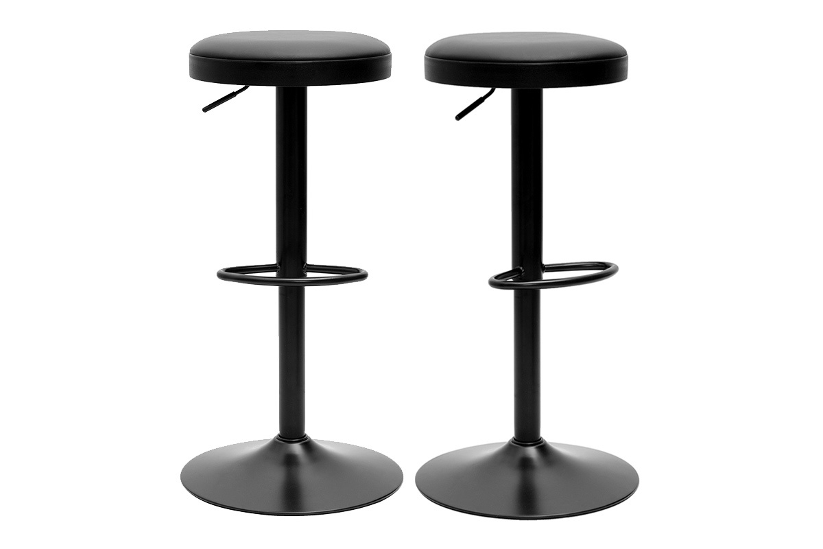 Tabourets de bar r�glables noirs en m�tal et polyur�thane, lot de 2, mod�le BYRON.
