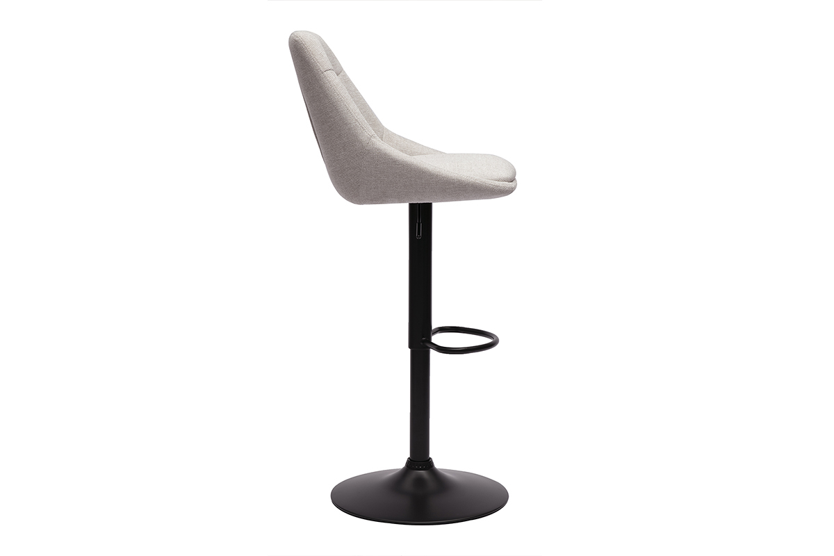 Tabouret de bar en tissu beige et m�tal noir, vue de profil.
