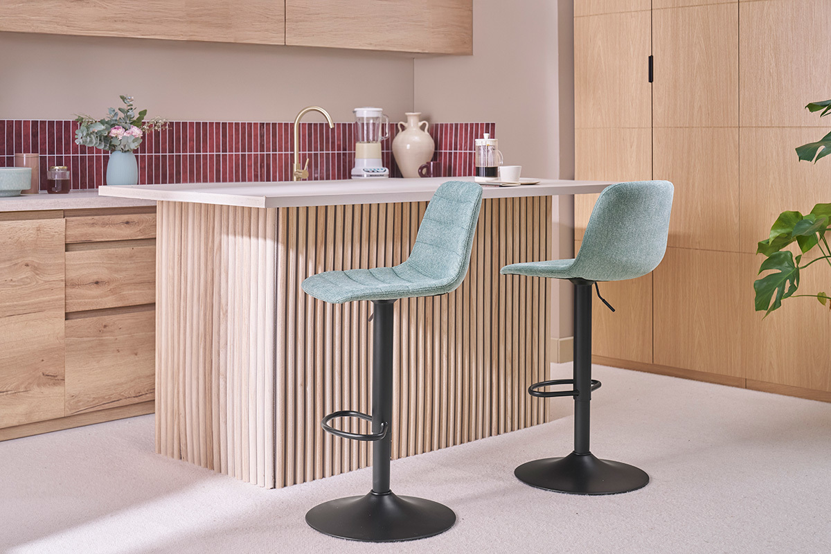 Tabourets de bar r�glables pivotants 360� en tissu gris clair et m�tal (lot de 2) SAURY