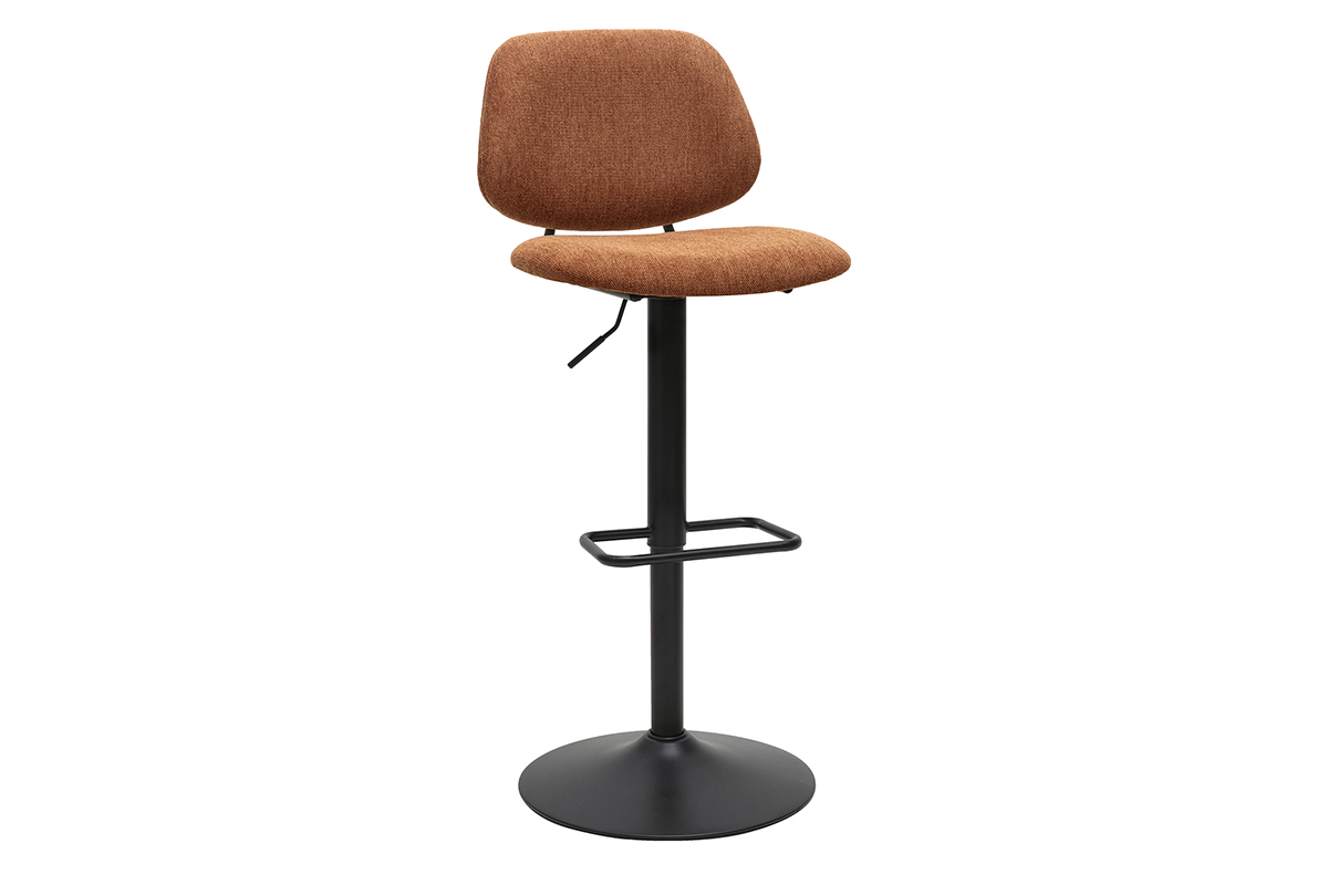Tabouret de bar design en tissu effet velours terre br�l�e et m�tal noir, vue de 3/4.