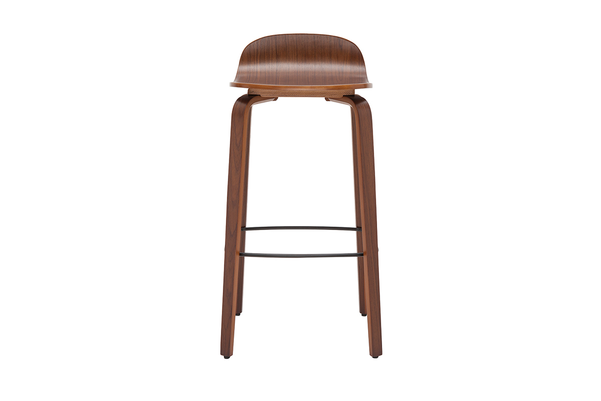 Tabouret de bar vintage en bois noyer, vue de face, hauteur 68 cm, avec repose-pied en m�tal noir.