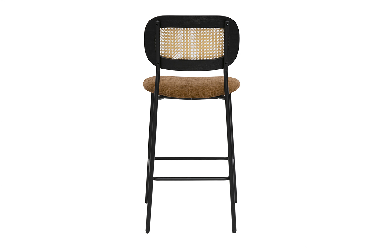 Tabourets design en tissu effet velours textur� terre brul�e, m�tal noir et cannage rotin (lot de 2) MIRANDA