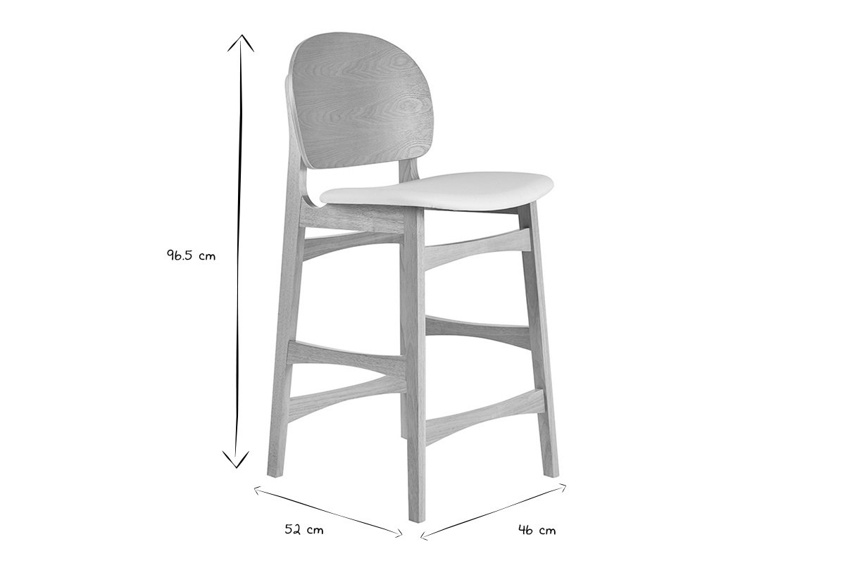 Tabouret scandinave en bois clair avec dimensions : 96,5 cm de haut, 52 cm de large et 46 cm de profondeur, en noir et blanc.