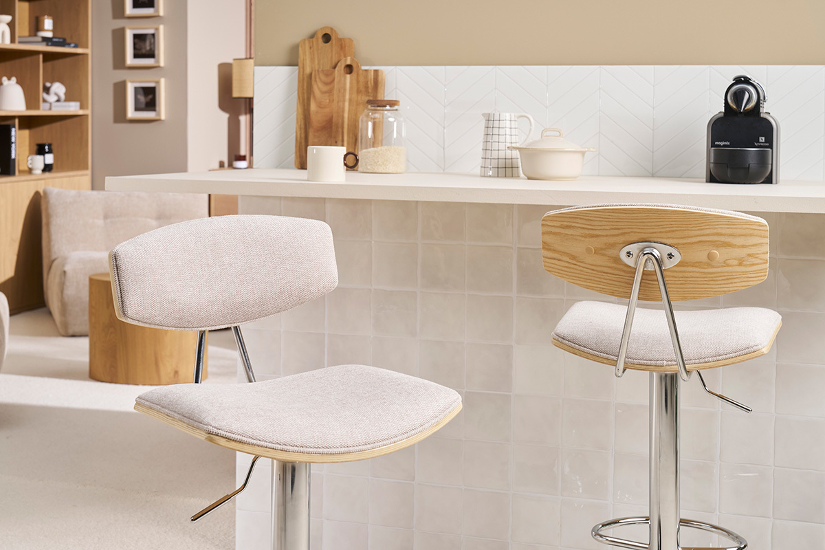 VASCO Tabourets de bar design r�glables en tissu effet velours textur� beige et m�tal ( lot de 2 )